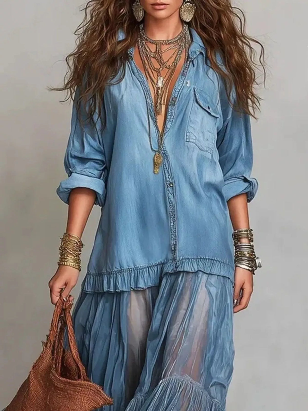 Full Size Sheer Tiered Long Sleeve Maxi Dress Plus Size