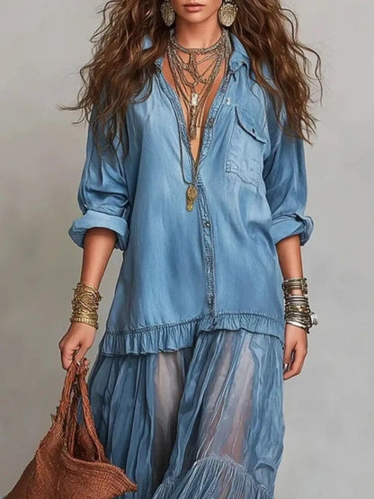 Full Size Sheer Tiered Long Sleeve Maxi Dress Plus Size