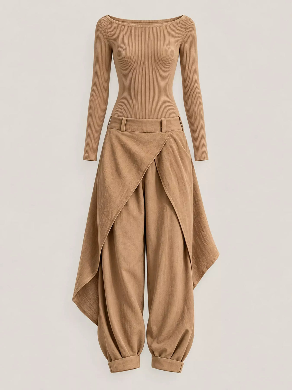 Boat Neck Long-Sleeve Top and Wrap Wide-Leg Pant Set