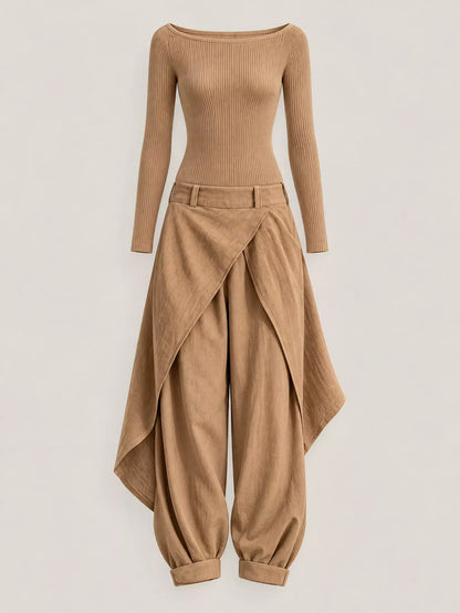 Boat Neck Long-Sleeve Top and Wrap Wide-Leg Pant Set
