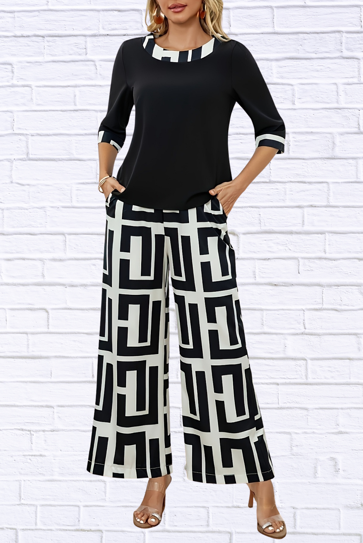 Geometric Print Round Neck Top and Pants Two-Piece Set Gray white