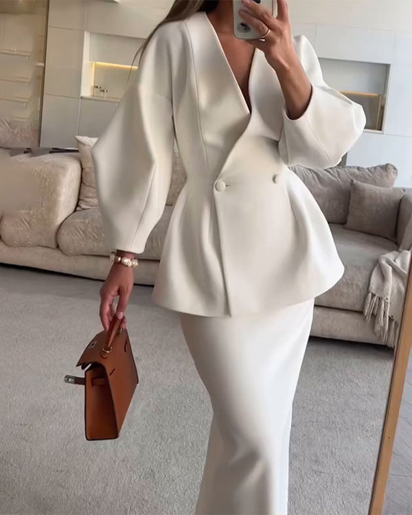 Clidress V Neck Puff Sleeve Blazer and Skirts 2 Pieces Set