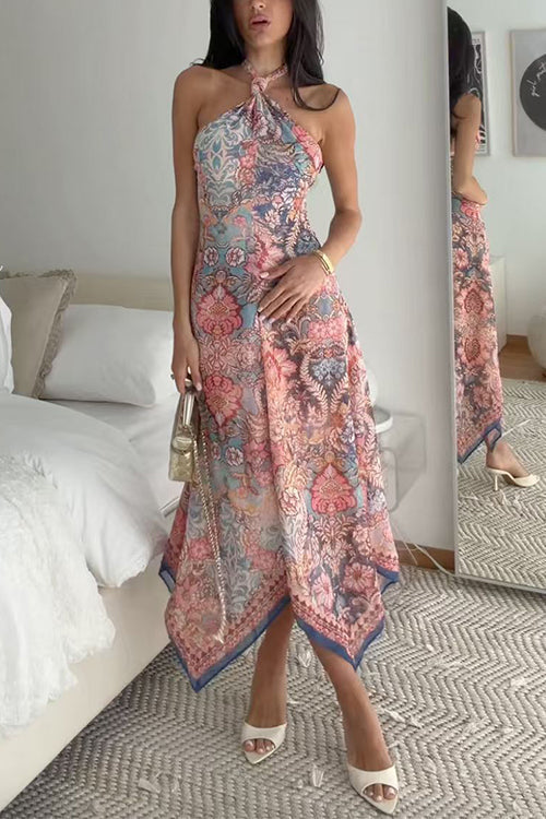 Halter Neck Open Back Floral Print Maxi Dress