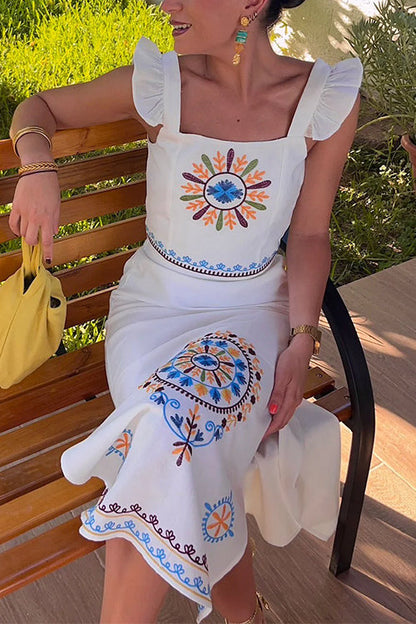 Unique Print Ruffle Cami Crop Top Side Slit Midi Skirt Set
