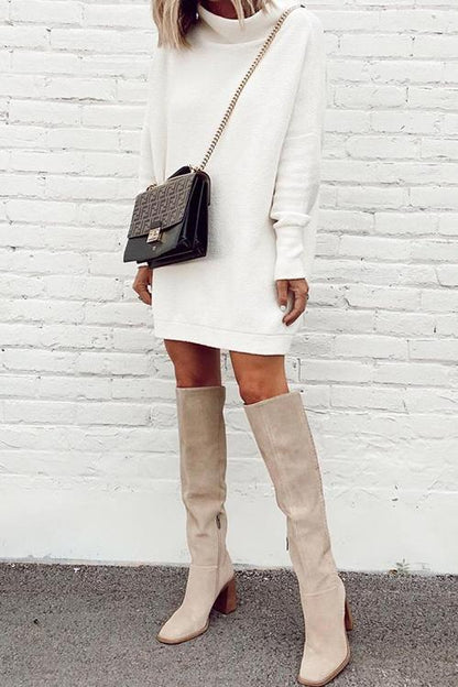 Mockneck Drop Shoulder Solid Mini Dress