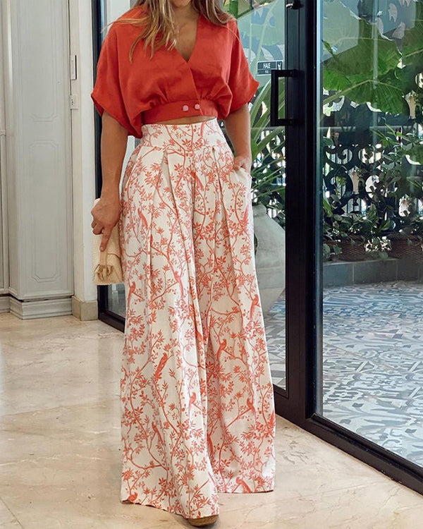 Clidress Crop Top Blouse and Wide Leg Printed Pants 2 Pieces Set