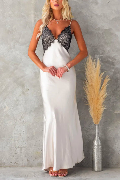 V Neck Adjustable Strap Lace Splice Maxi Party Dress