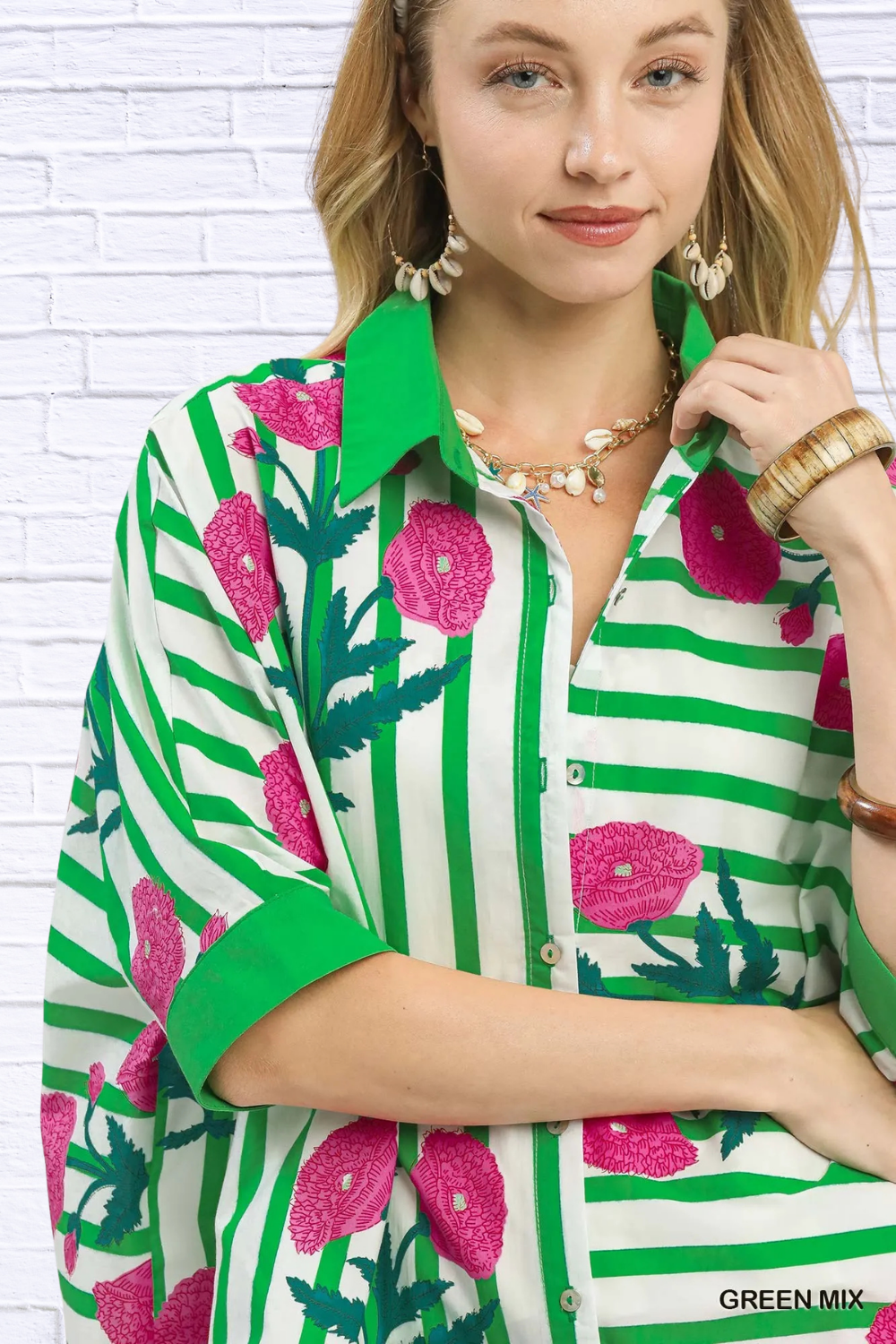 Umgee Mix Floral Stripe Button Down Top