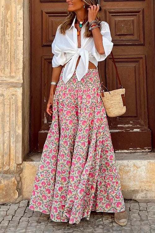 Frilled Elastic Waist Bohemia Floral Maxi Flowy Skirt