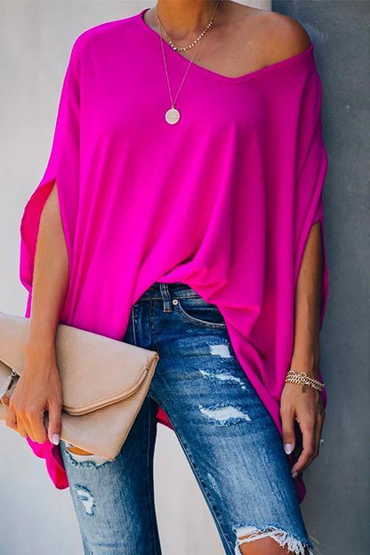 Loose V Neck Batwing Sleeve Solid T Shirt HotPink