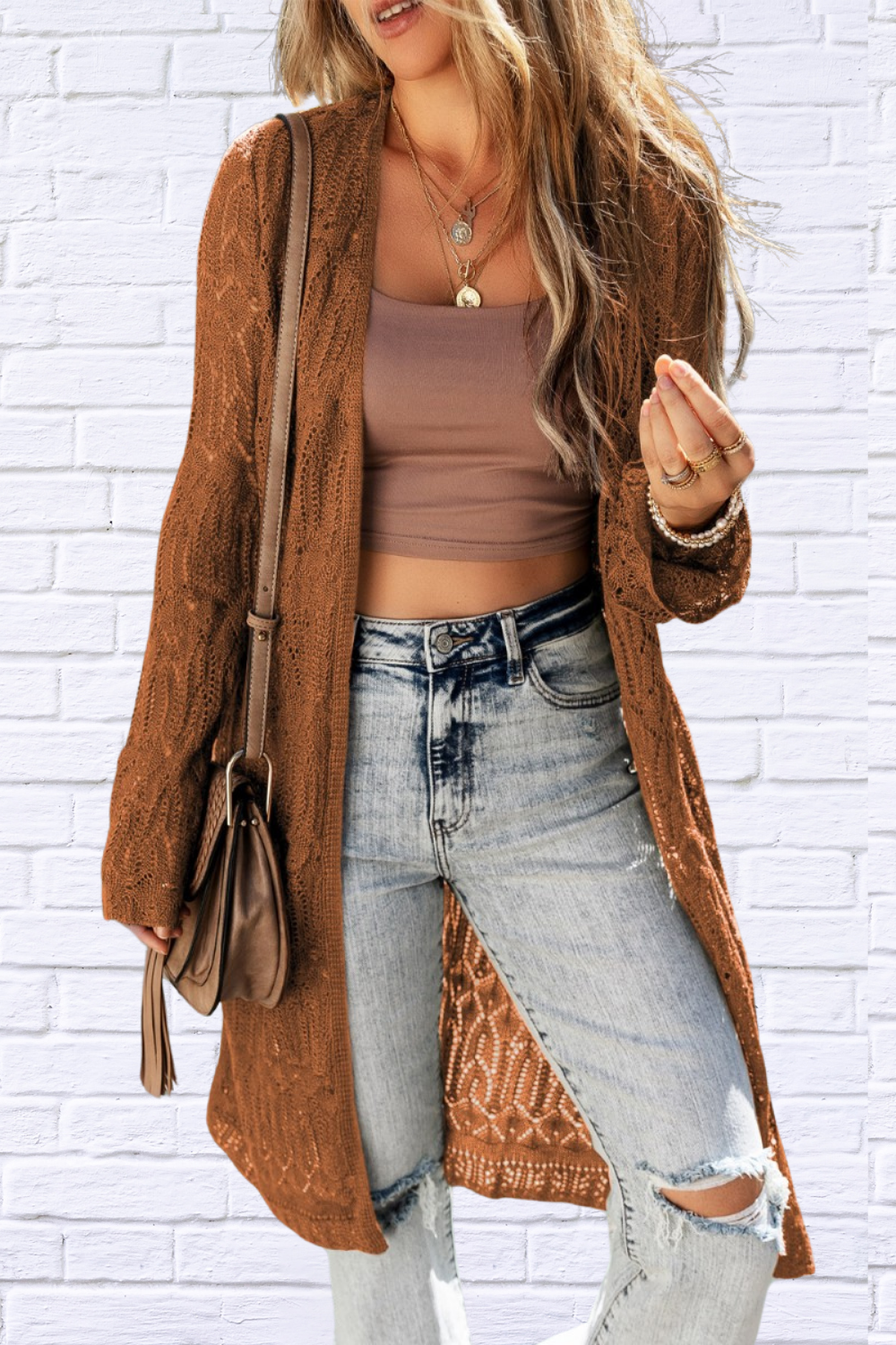 Angela Openwork Open Front Long Sleeve Cardigan Brown
