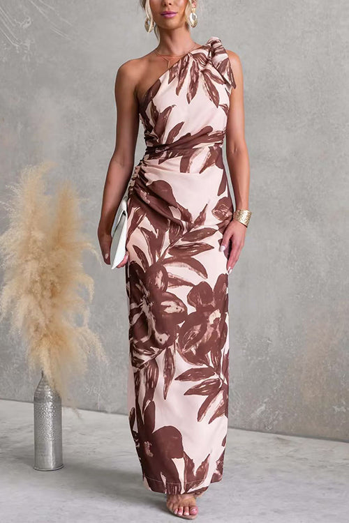 Tie Knot One Shoulder Sleeveless Floral Print Maxi Dress