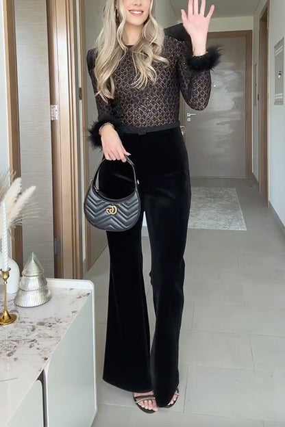 Feather Cuffs Bell Bottom Velvet Splice Jumpsuit