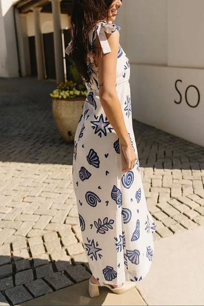 Bow Shoulder Sleeveless Seashell Print Maxi Dress