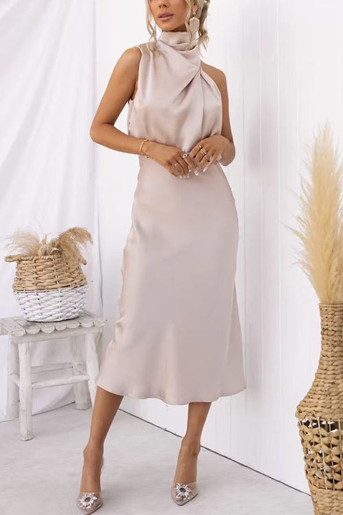 High Neck Sleeveless Waisted Satin Midi Dress