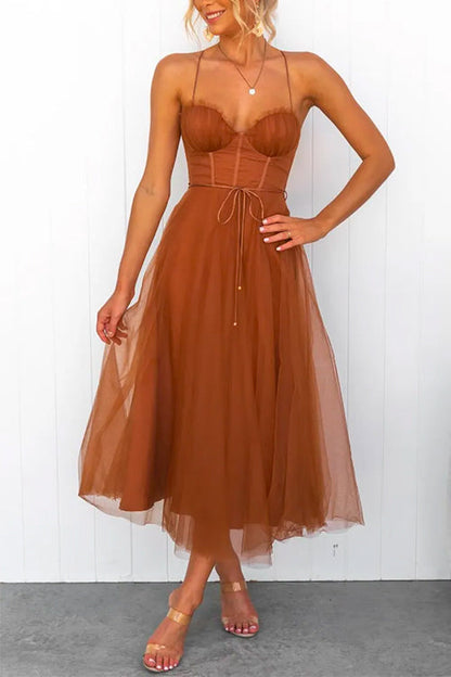 Open Back Waisted Swing Maxi Cami Tulle Dress Coffee
