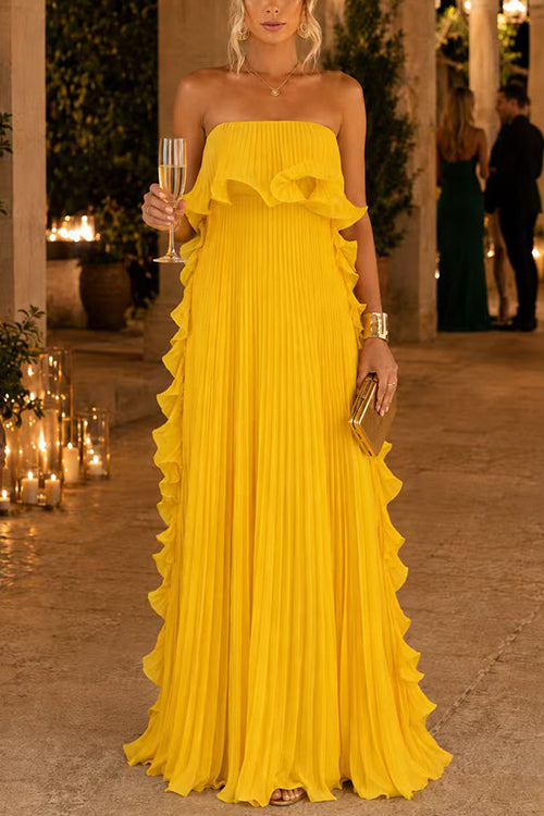 Elegant Strapless Tube Ruffle Pleated Maxi Dress