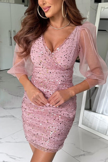 V Neck Ruched Mesh Sequin Bodycon Mini Dress