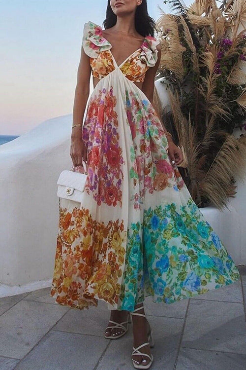 V Neck Open Back Ruffle Trim Color Block Floral Maxi Holiday Dress Floral