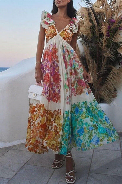V Neck Open Back Ruffle Trim Color Block Floral Maxi Holiday Dress Floral