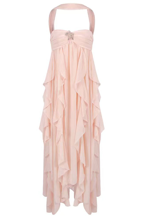 Sleeveless Open Back Ruffle Trim Slit Maxi Dress
