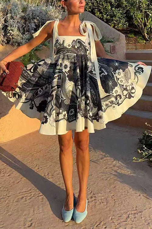 Bow Shoulder Sleeveless High Waist Floral Print Mini Dress
