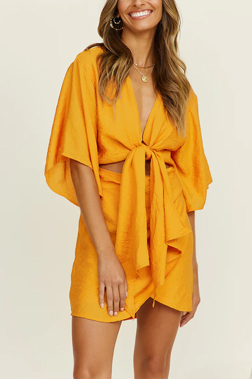 V Neck Tie Front Cut Out Tulip Mini Dress Orange