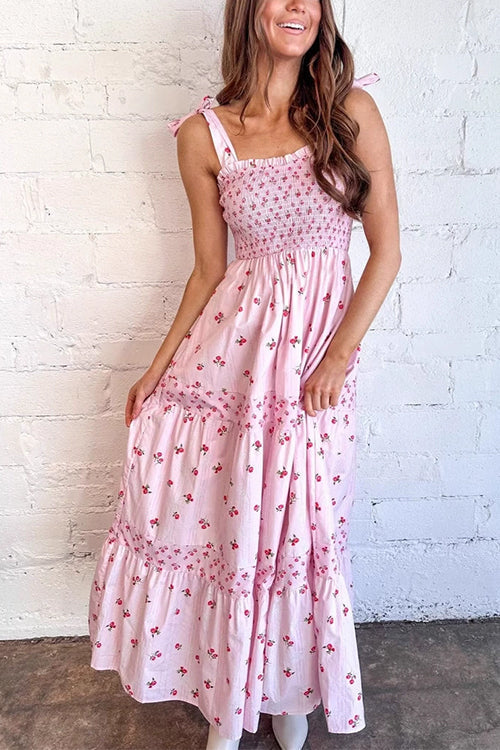 Tie Shoulder Splice Floral Print Ruffle Maxi Cami Dress