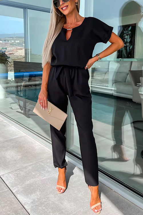 V Neck Rolled Sleeve Pullover Knot Waist Tapered Pants Set Black