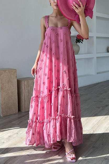 Floral Appliques Ruffle Trirm Swimg Maxi Cami Dress Rose