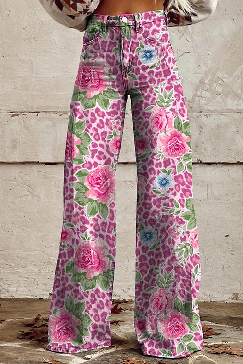 Leopard Floral Print Wide Leg Pocketed Pants Pink
