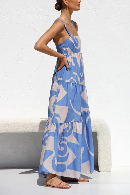 Adjustable Strap Waisted Soleil Print Ruffle Maxi Dress