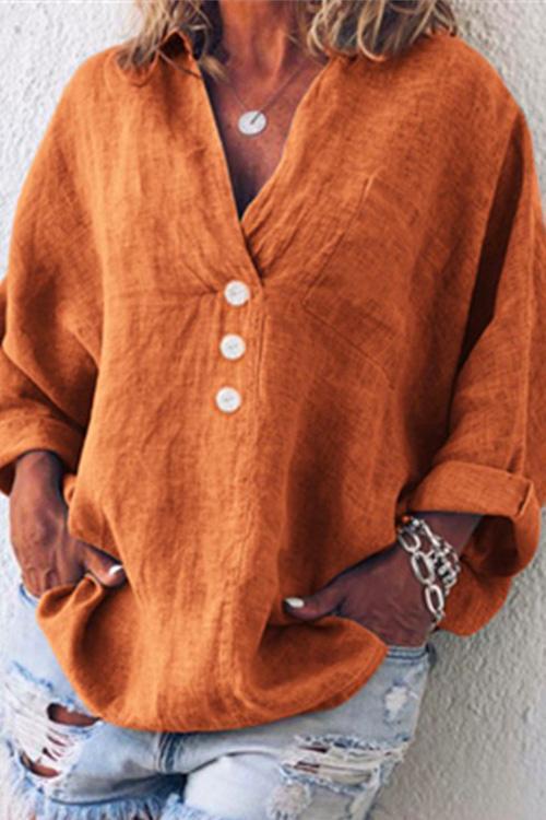 V Neck Long Sleeve Cotton Linen Shirt Orange