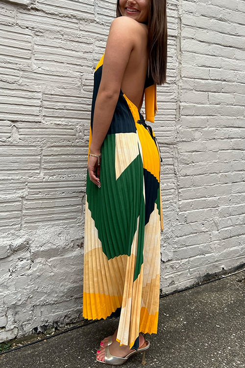 Halter Backless Color Block Printed Maxi Pleated Dress