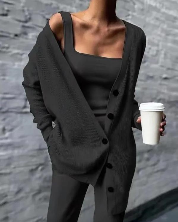 Clidress Camisole Sweater Cardigan Knit Pants 3 Pieces Set