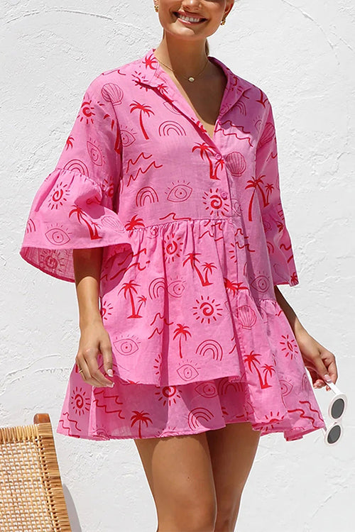 Flare Sleeves Button Down Graffiti Print Ruffle Shirt Dress HotPink
