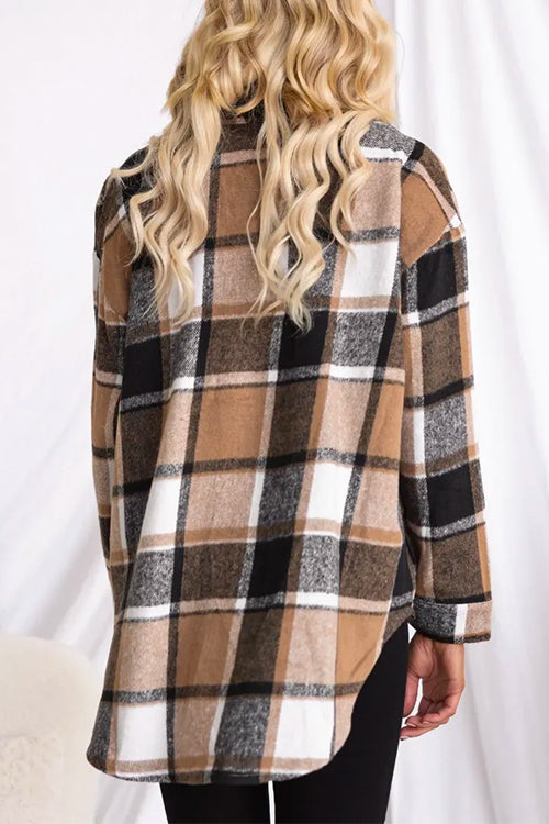 Lapel Button Down Pockets Plaid Shacket Coat