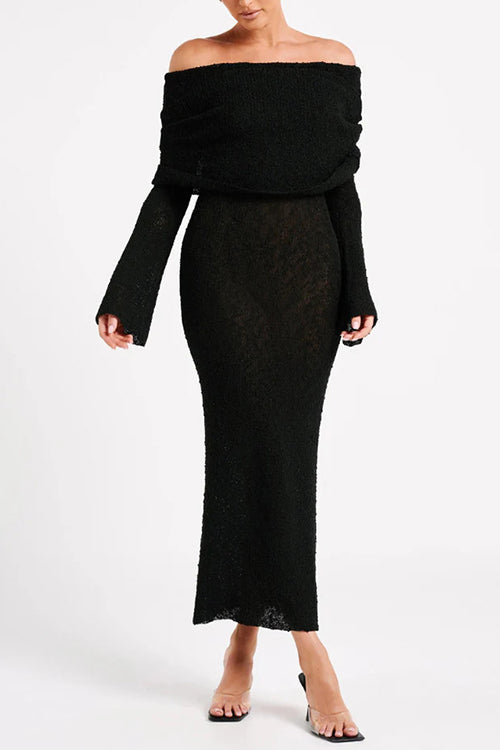 Off Shoulder Hollow-out Knit Stretchy Maxi Dress