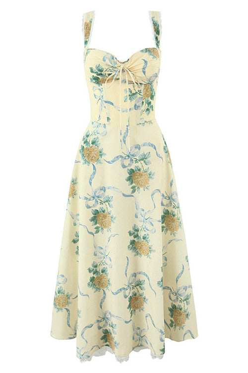 Lace Trim Drawstring Floral Print Midi Cami Dress