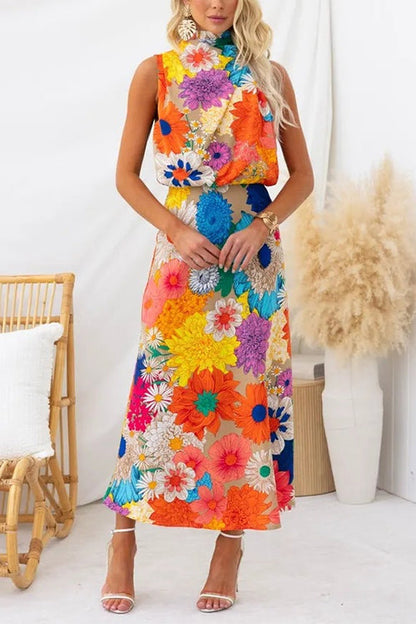 Sleeveless Tie Neck Waisted Floral Print Maxi Dress Floral