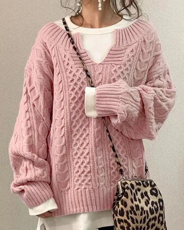 Clidress Little V Neck Hand Twist Sweater