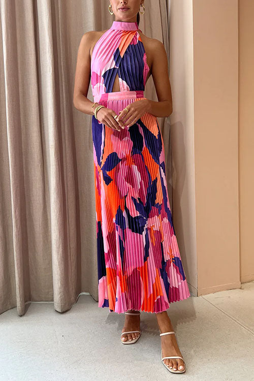 Halter Backless Cut Out Printed Maxi Pleated Dress HotPink