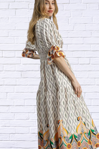 Bohemian Geometric Floral Midi Dress – Artfully Feminine & Effortlessly Chic Ivory