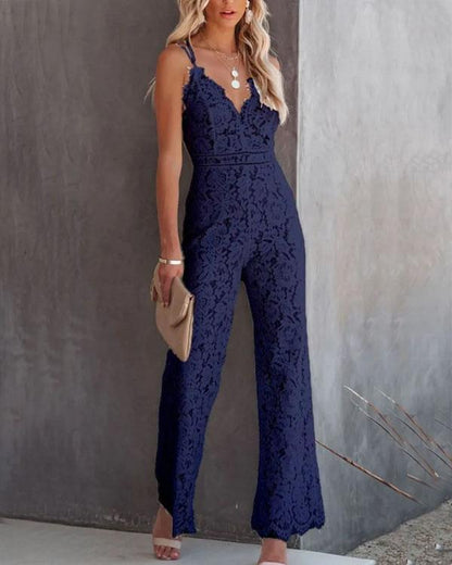 Clidress Slip Deep V Neck Lace Jumpsuit