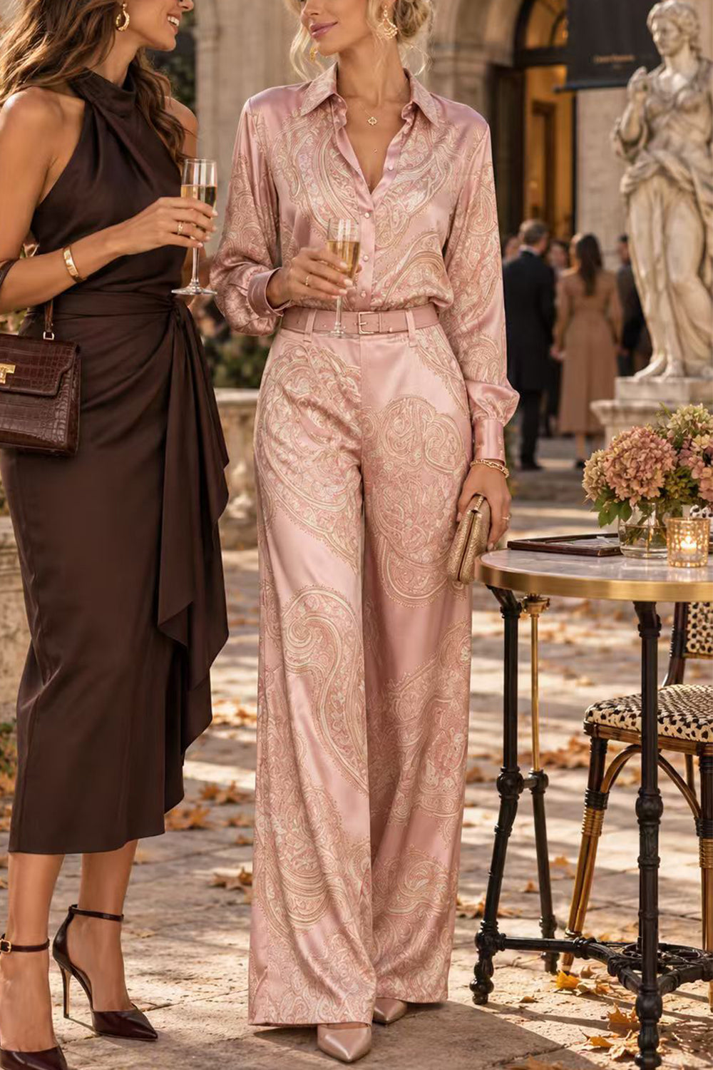 Lapel Long Sleeves Shirt High Rise Pocketed Straight Leg Pants Paisley Print Set (C)