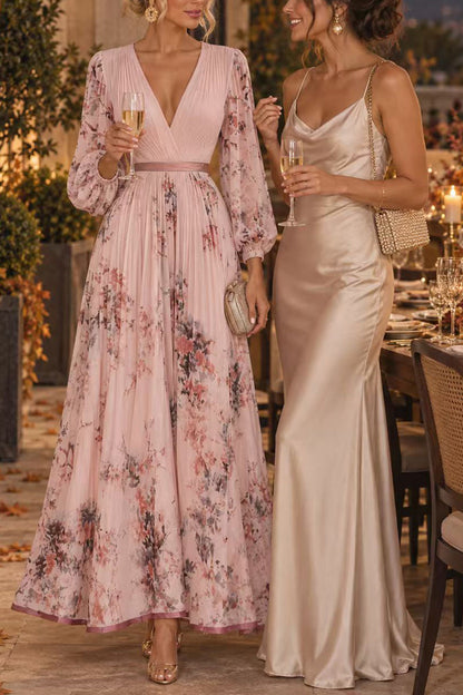 V Neck Lantern Long Sleeves Floral Print Pleated Maxi Dress (C)