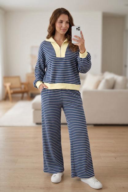 Blue Stripe Color Block Patchwork Zip V Neck Pullover Loose Pants 2pcs Set