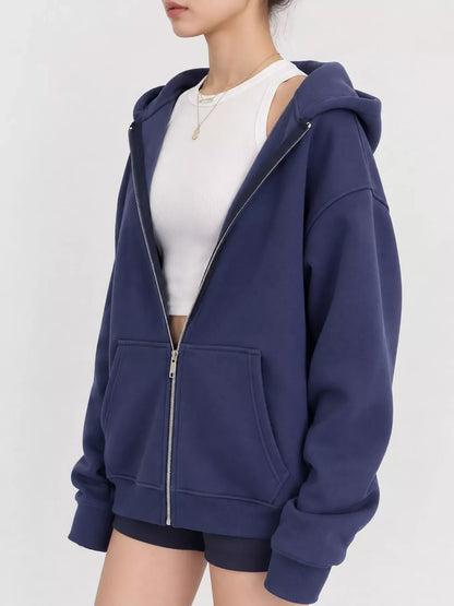 Full Size Zip-Up Dropped Shoulder Hoodie Plus Size
