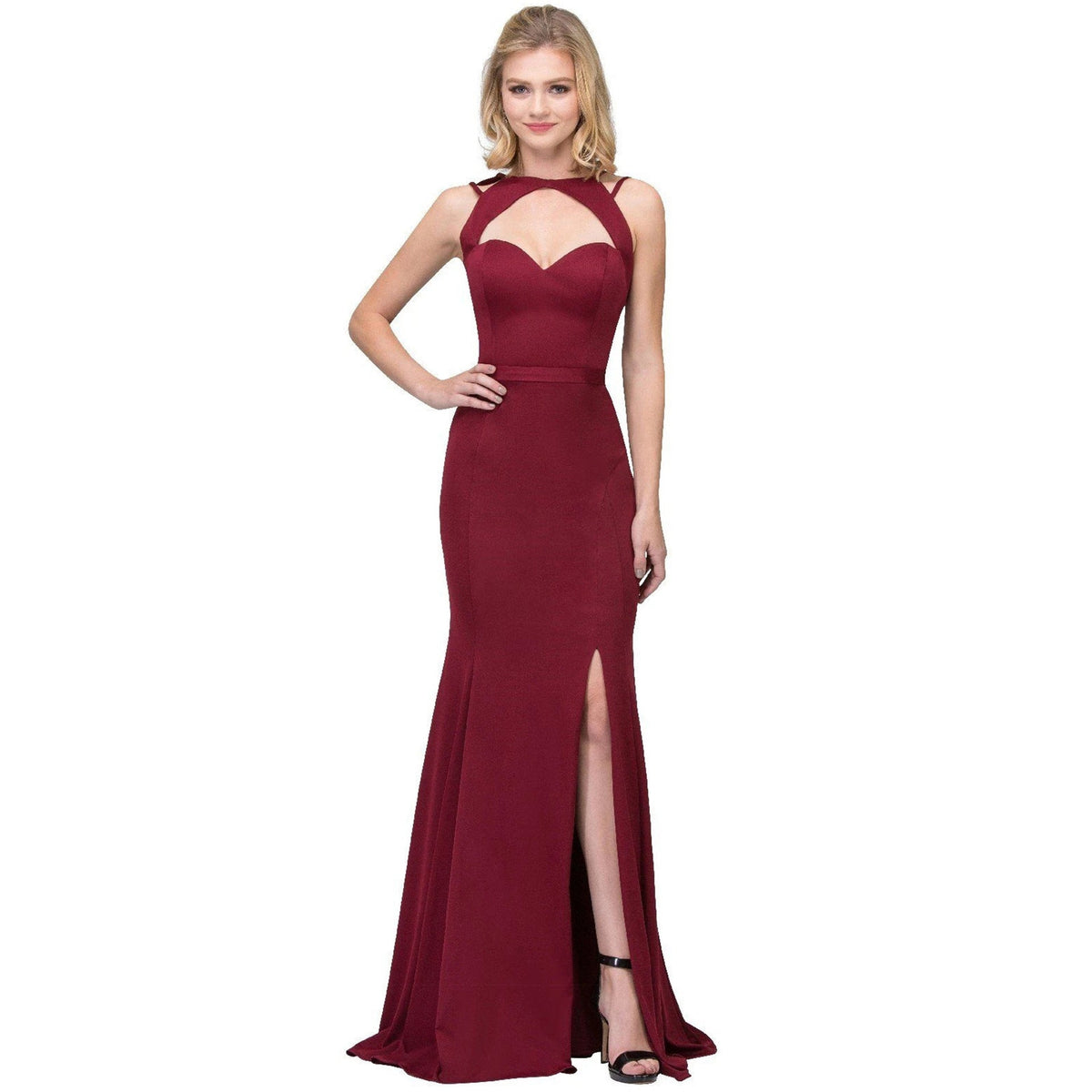 Reina Elegant Solid Sleeveless Cutout Gown Burgundy