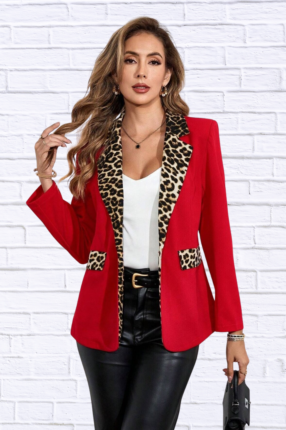Leopard Lapel Collar Long Sleeve Blazer
